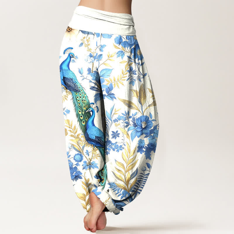 Buddha Stones Pantaloni harem da donna in puro cotone color verde acqua con fantasia floreale a pavone e elastico in vita. - image 6