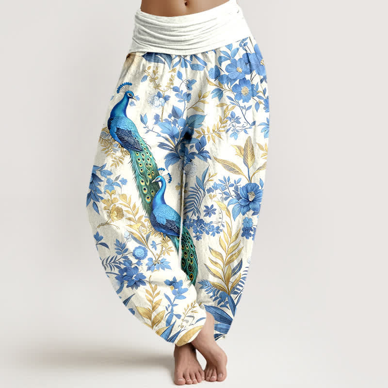 Buddha Stones Pantaloni harem da donna in puro cotone color verde acqua con fantasia floreale a pavone e elastico in vita. - Bianco - US16, UK/AU20, EU48 (3XL) - image 5