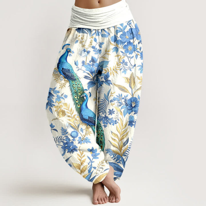 Buddha Stones Pantaloni harem da donna in puro cotone color verde acqua con fantasia floreale a pavone e elastico in vita. - Bianco - US16, UK/AU20, EU48 (3XL) - image 5