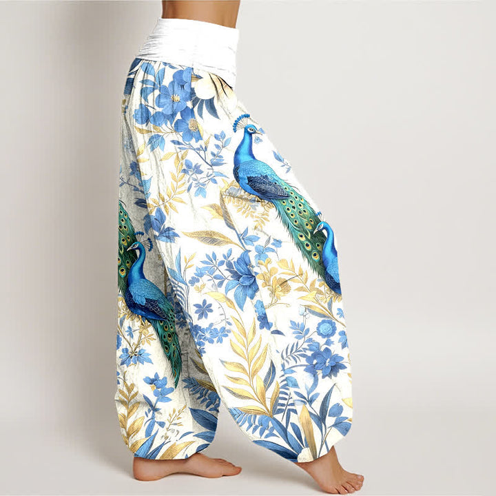 Buddha Stones Pantaloni harem da donna in puro cotone color verde acqua con fantasia floreale a pavone e elastico in vita. - image 7