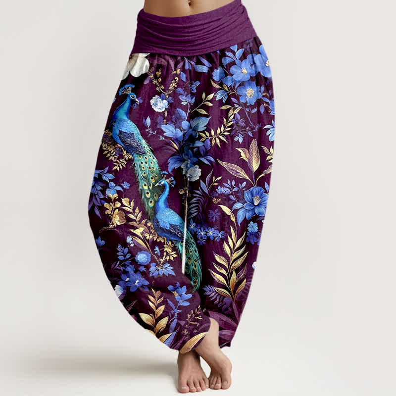 Buddha Stones Pantaloni harem da donna in puro cotone color verde acqua con fantasia floreale a pavone e elastico in vita. - Viola - US16, UK/AU20, EU48 (3XL) - image 8