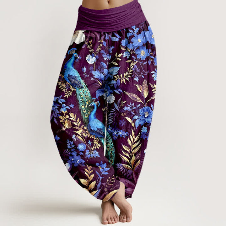 Buddha Stones Pantaloni harem da donna in puro cotone color verde acqua con fantasia floreale a pavone e elastico in vita. - Viola - US16, UK/AU20, EU48 (3XL) - image 8