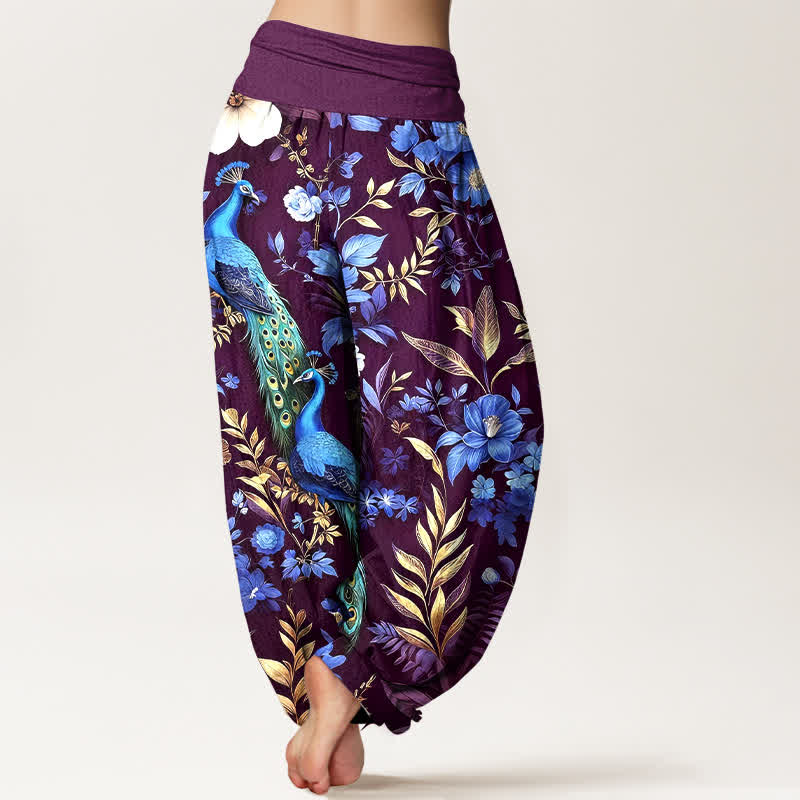 Buddha Stones Pantaloni harem da donna in puro cotone color verde acqua con fantasia floreale a pavone e elastico in vita. - image 9