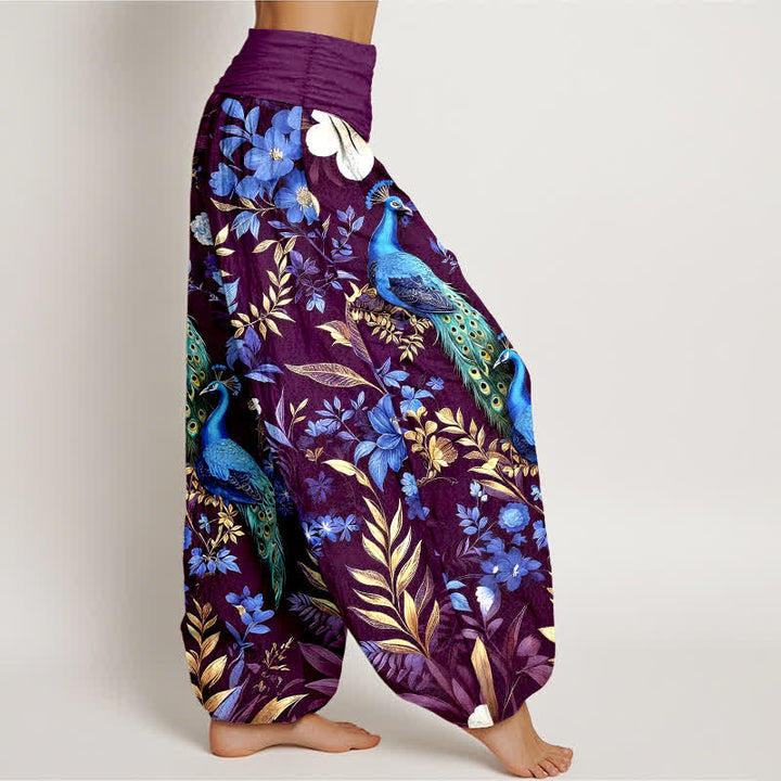 Buddha Stones Pantaloni harem da donna in puro cotone color verde acqua con fantasia floreale a pavone e elastico in vita. - image 10