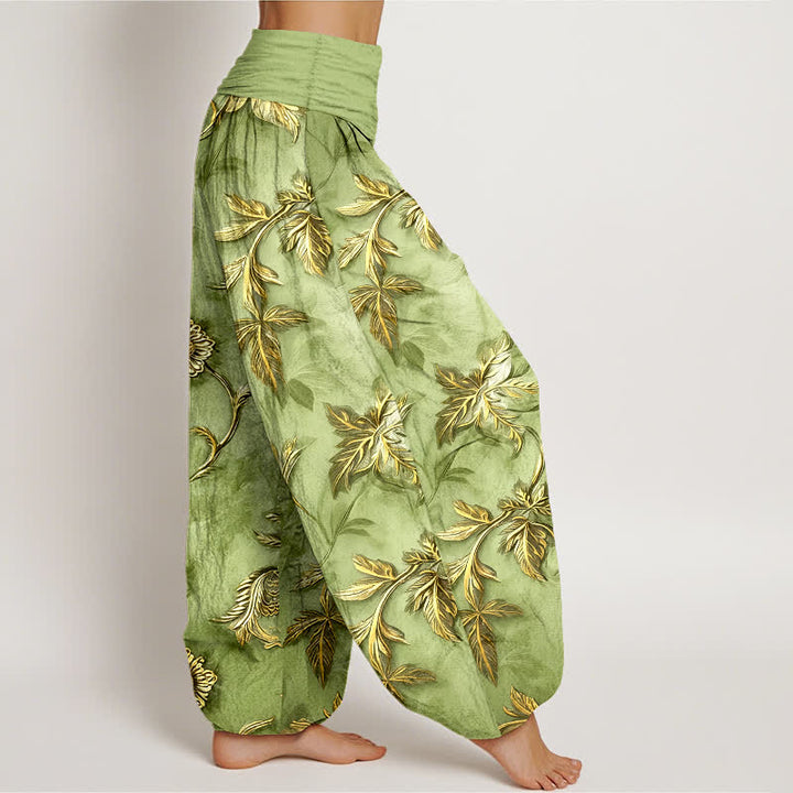 Buddha Stones Pantaloni harem da donna in cotone con motivo a foglie botaniche e vita elasticizzata - image 2