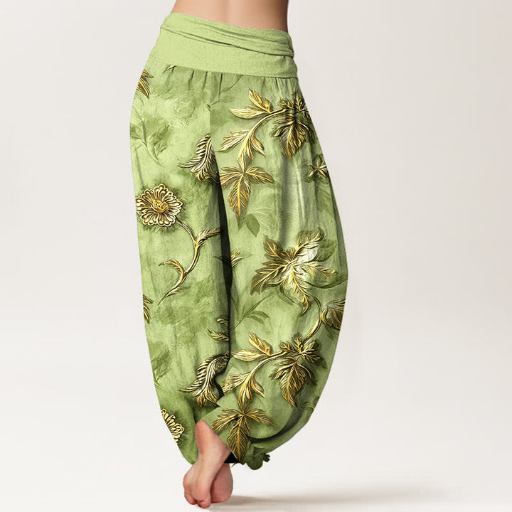 Buddha Stones Pantaloni harem da donna in cotone con motivo a foglie botaniche e vita elasticizzata - image 1