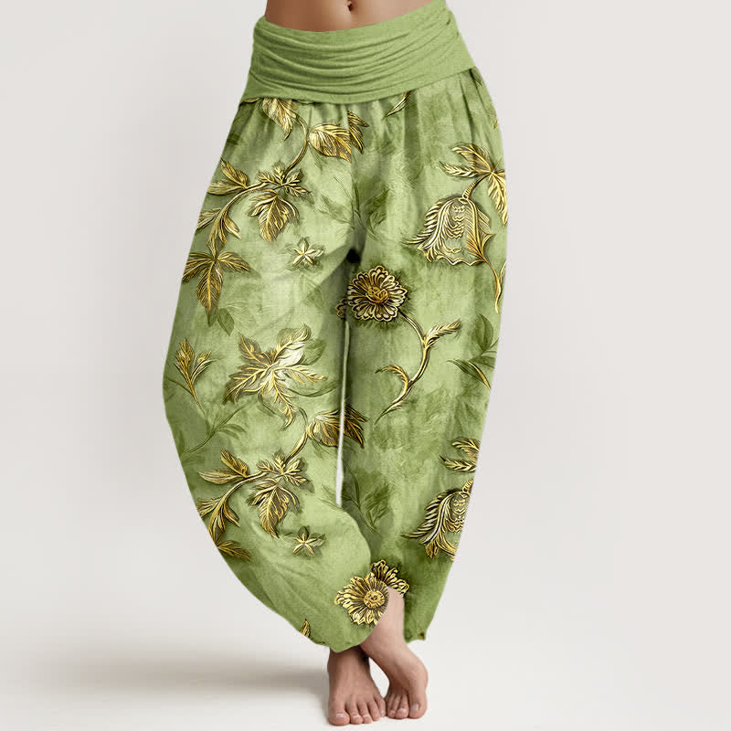 Buddha Stones Pantaloni harem da donna in cotone con motivo a foglie botaniche e vita elasticizzata - Verde chiaro - US16, UK/AU20, EU48 (3XL) - image 0