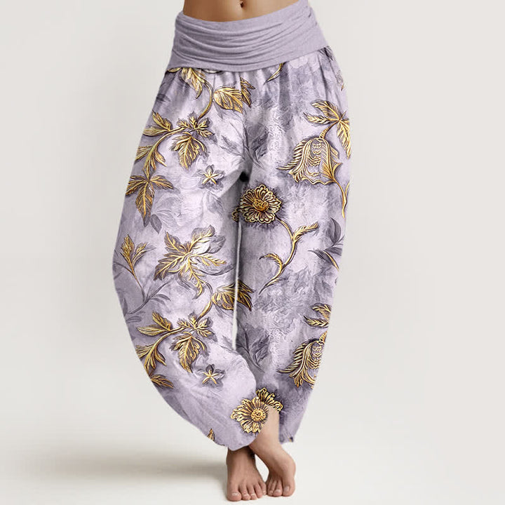 Buddha Stones Pantaloni harem da donna in cotone con motivo a foglie botaniche e vita elasticizzata - Lavanda - US16, UK/AU20, EU48 (3XL) - image 5