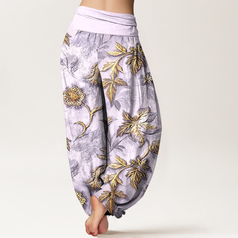 Buddha Stones Pantaloni harem da donna in cotone con motivo a foglie botaniche e vita elasticizzata - image 6