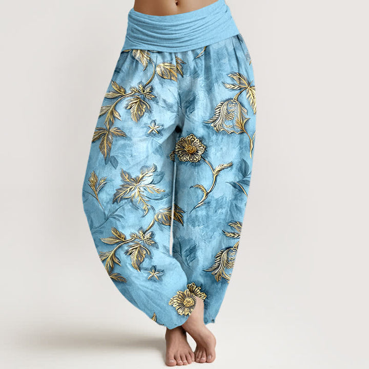 Buddha Stones Pantaloni harem da donna in cotone con motivo a foglie botaniche e vita elasticizzata - Azzurro polvere - US16, UK/AU20, EU48 (3XL) - image 8