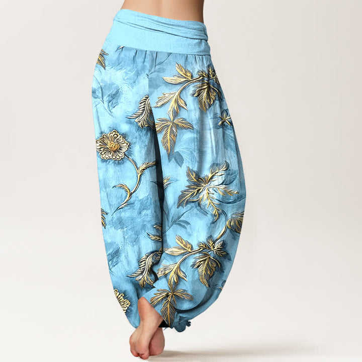 Buddha Stones Pantaloni harem da donna in cotone con motivo a foglie botaniche e vita elasticizzata - image 9