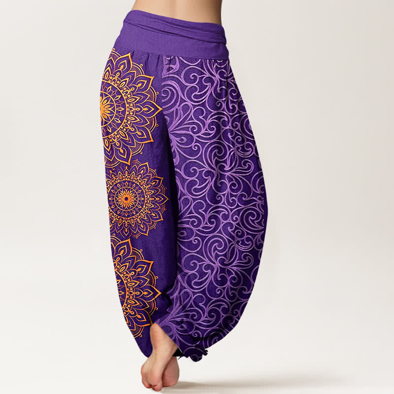 Buddha Stones Pantaloni harem da donna in puro cotone con motivo floreale mandala dorato e vita elasticizzata. - image 1