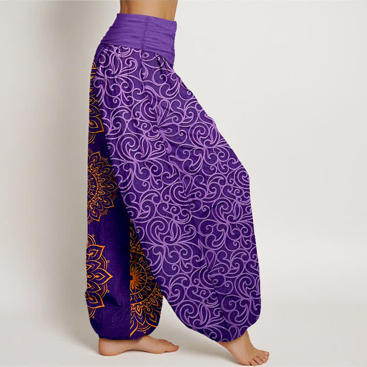 Buddha Stones Pantaloni harem da donna in puro cotone con motivo floreale mandala dorato e vita elasticizzata. - image 2