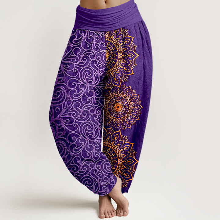 Buddha Stones Pantaloni harem da donna in puro cotone con motivo floreale mandala dorato e vita elasticizzata. - Viola - US16, UK/AU20, EU48 (3XL) - image 0