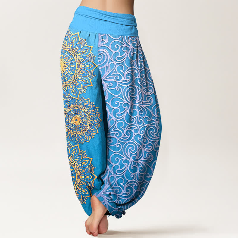 Buddha Stones Pantaloni harem da donna in puro cotone con motivo floreale mandala dorato e vita elasticizzata. - image 6