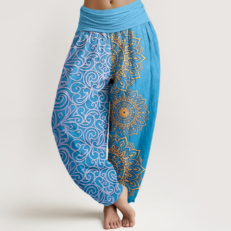 Buddha Stones Pantaloni harem da donna in puro cotone con motivo floreale mandala dorato e vita elasticizzata. - Turchese - US16, UK/AU20, EU48 (3XL) - image 5