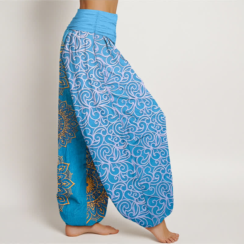 Buddha Stones Pantaloni harem da donna in puro cotone con motivo floreale mandala dorato e vita elasticizzata. - image 7