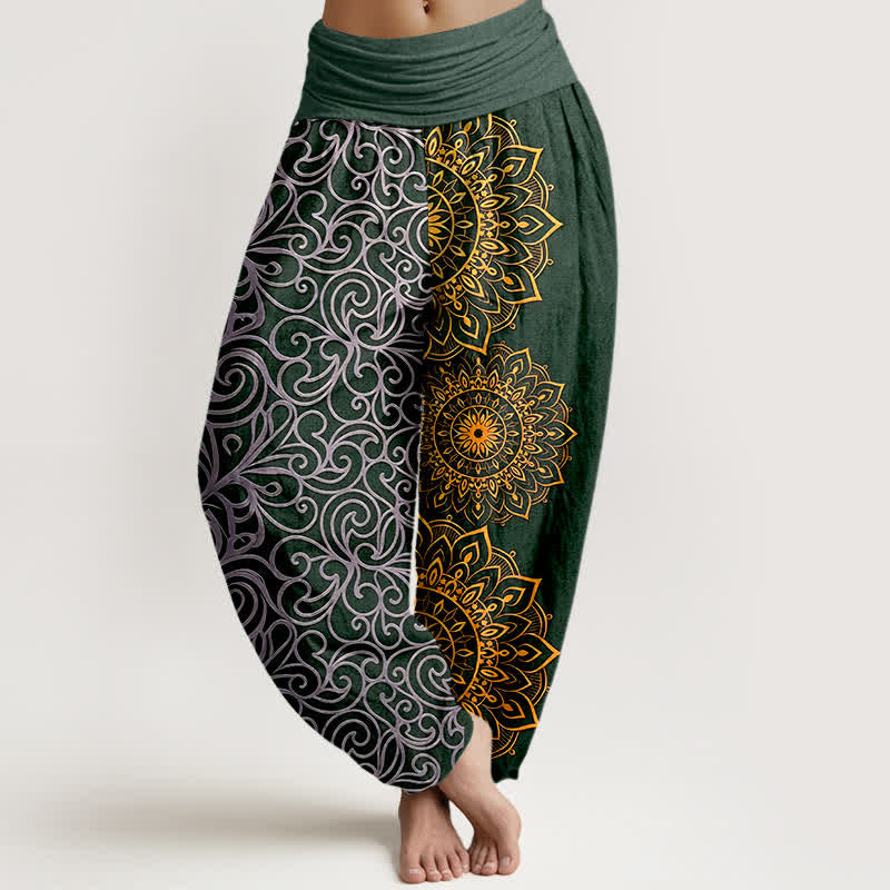 Buddha Stones Pantaloni harem da donna in puro cotone con motivo floreale mandala dorato e vita elasticizzata. - Verde studentesco - US16, UK/AU20, EU48 (3XL) - image 8