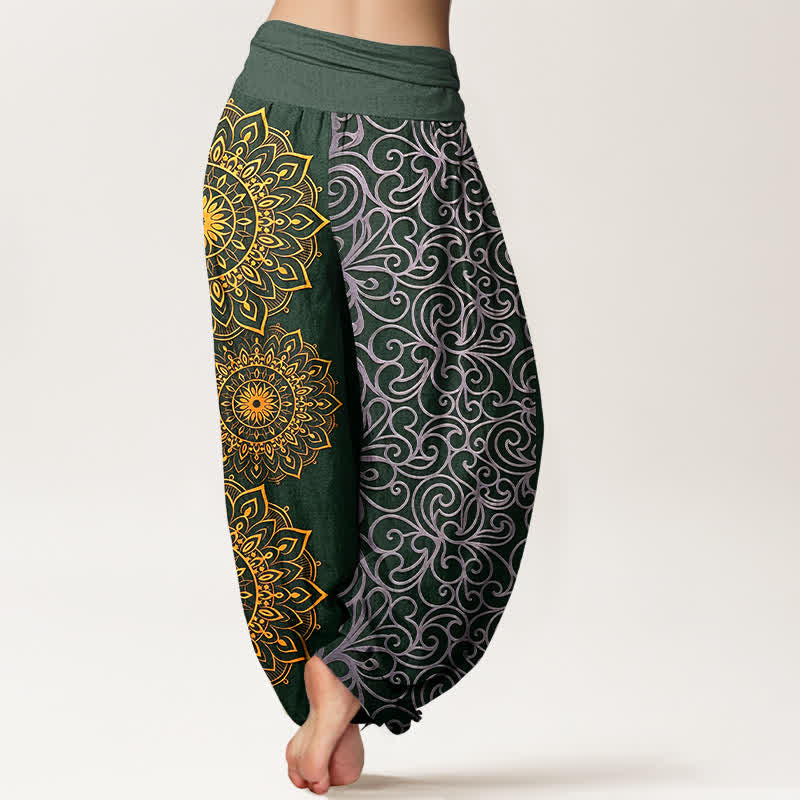 Buddha Stones Pantaloni harem da donna in puro cotone con motivo floreale mandala dorato e vita elasticizzata. - image 9