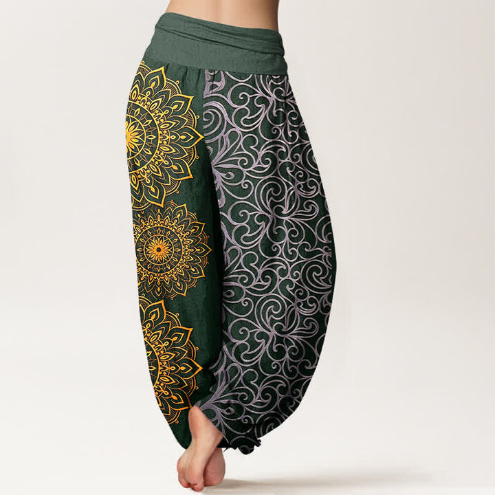 Buddha Stones Pantaloni harem da donna in puro cotone con motivo floreale mandala dorato e vita elasticizzata. - image 9