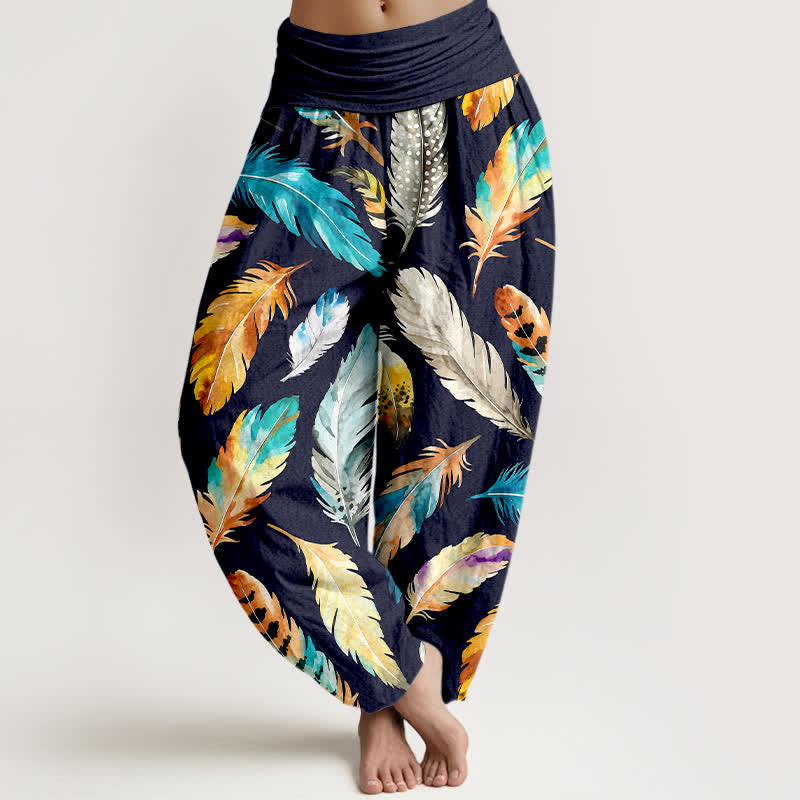 Buddha Stones Pantaloni harem da donna in puro cotone con fantasia a piume colorate e vita elasticizzata. - Marina - US16, UK/AU20, EU48 (3XL) - image 0