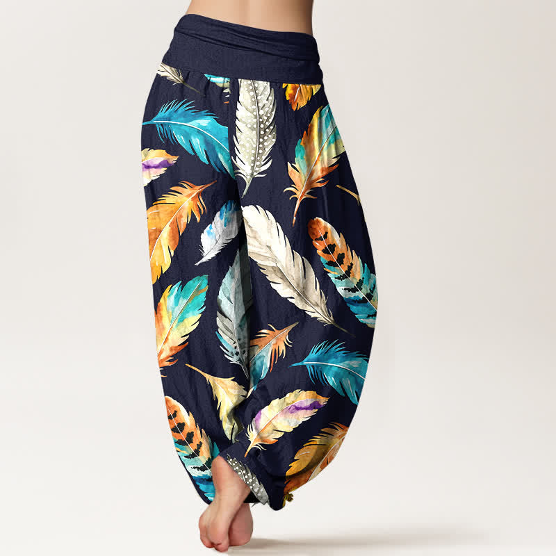 Buddha Stones Pantaloni harem da donna in puro cotone con fantasia a piume colorate e vita elasticizzata. - image 1