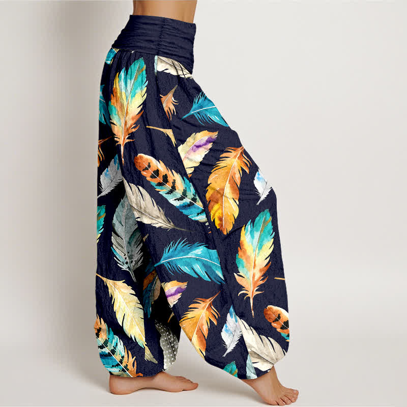 Buddha Stones Pantaloni harem da donna in puro cotone con fantasia a piume colorate e vita elasticizzata. - image 2