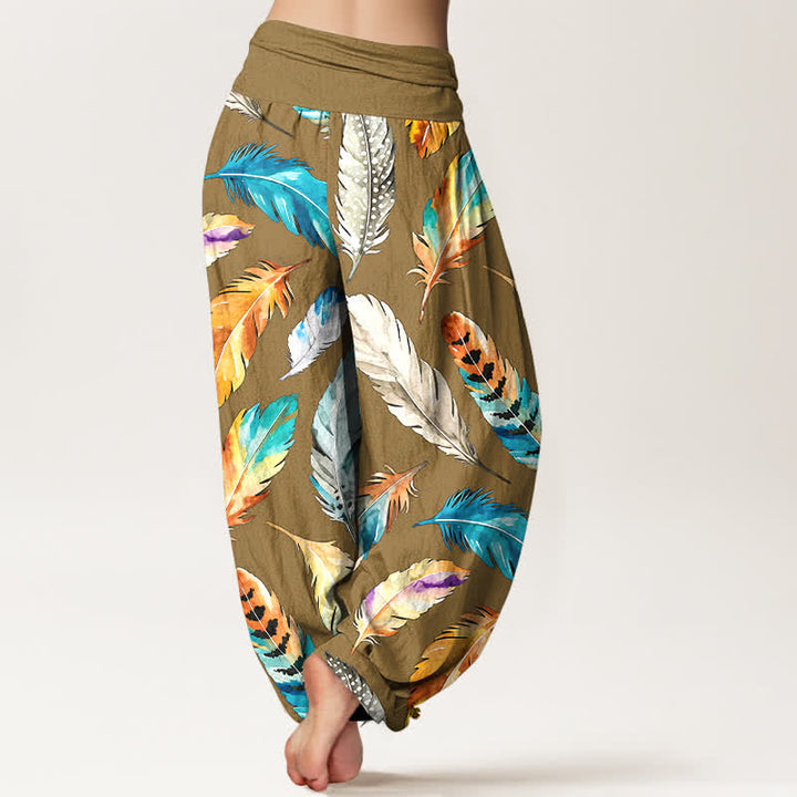 Buddha Stones Pantaloni harem da donna in puro cotone con fantasia a piume colorate e vita elasticizzata. - image 6