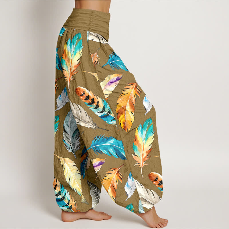 Buddha Stones Pantaloni harem da donna in puro cotone con fantasia a piume colorate e vita elasticizzata. - image 7