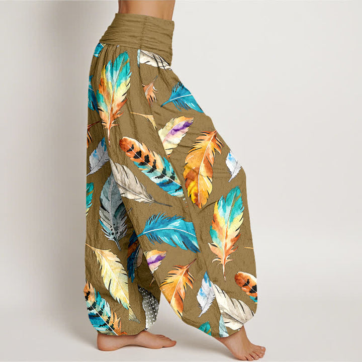 Buddha Stones Pantaloni harem da donna in puro cotone con fantasia a piume colorate e vita elasticizzata. - image 7