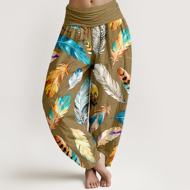 Buddha Stones Pantaloni harem da donna in puro cotone con fantasia a piume colorate e vita elasticizzata. - Cachi scuro - US16, UK/AU20, EU48 (3XL) - image 5