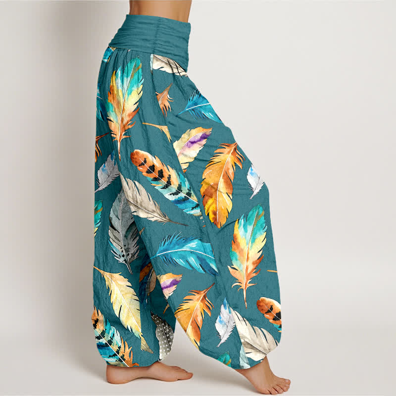 Buddha Stones Pantaloni harem da donna in puro cotone con fantasia a piume colorate e vita elasticizzata. - image 10