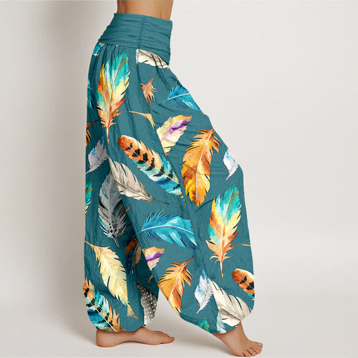 Buddha Stones Pantaloni harem da donna in puro cotone con fantasia a piume colorate e vita elasticizzata. - image 10
