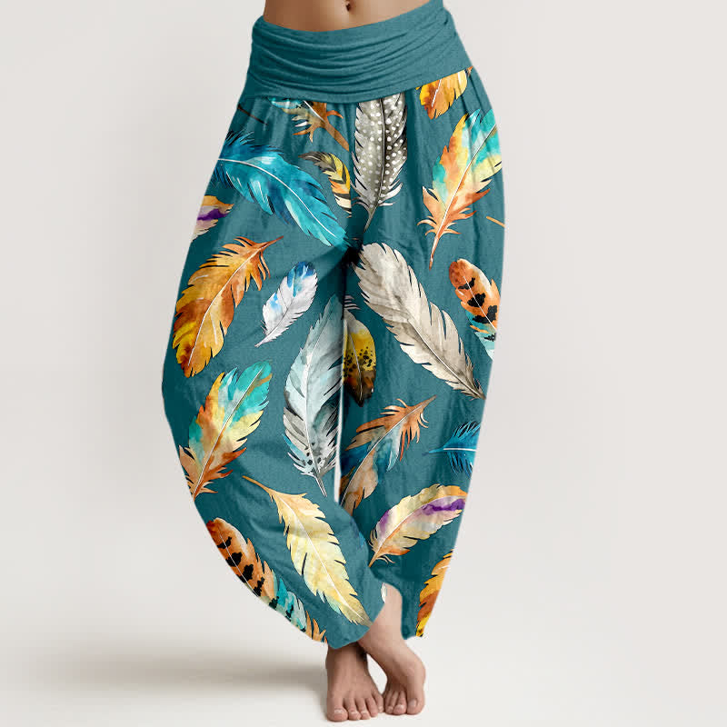 Buddha Stones Pantaloni harem da donna in puro cotone con fantasia a piume colorate e vita elasticizzata. - Verde acqua - US16, UK/AU20, EU48 (3XL) - image 8