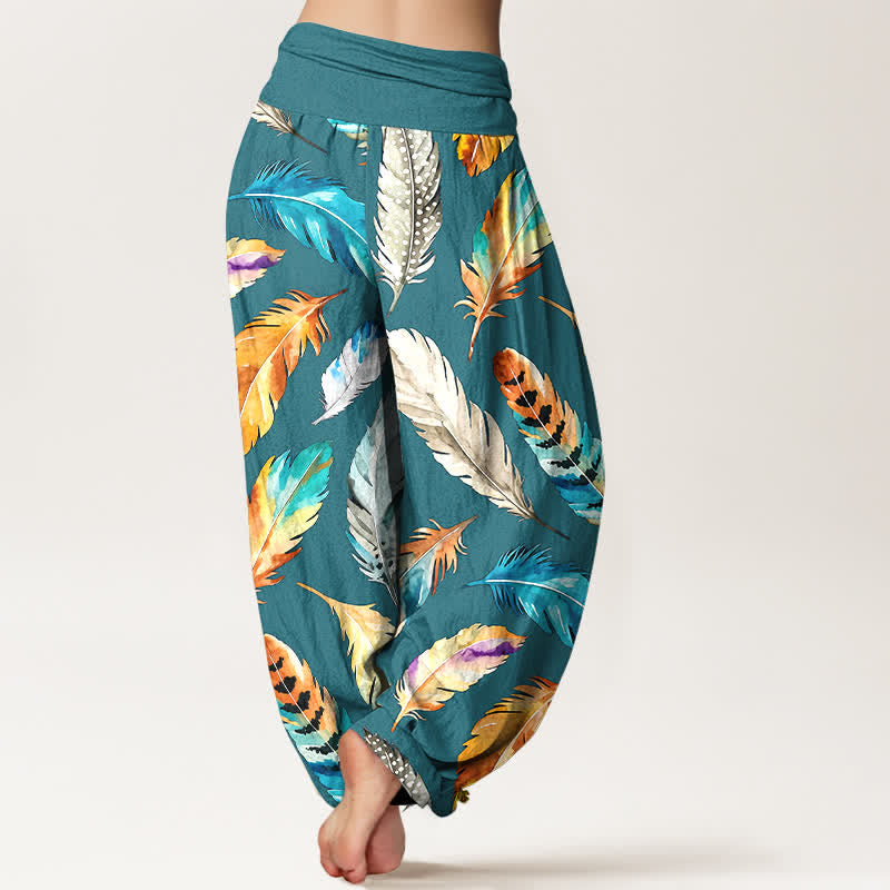 Buddha Stones Pantaloni harem da donna in puro cotone con fantasia a piume colorate e vita elasticizzata. - image 9