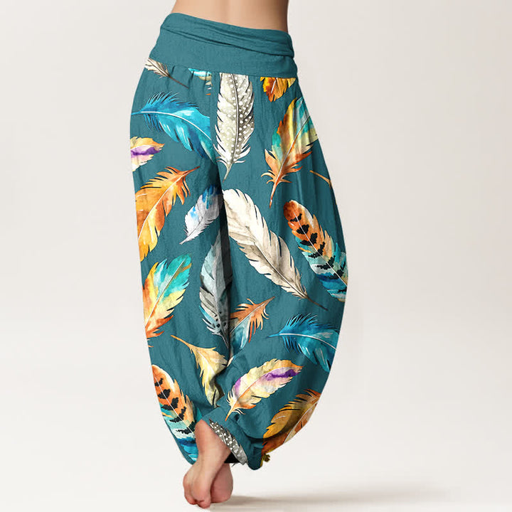 Buddha Stones Pantaloni harem da donna in puro cotone con fantasia a piume colorate e vita elasticizzata. - image 9