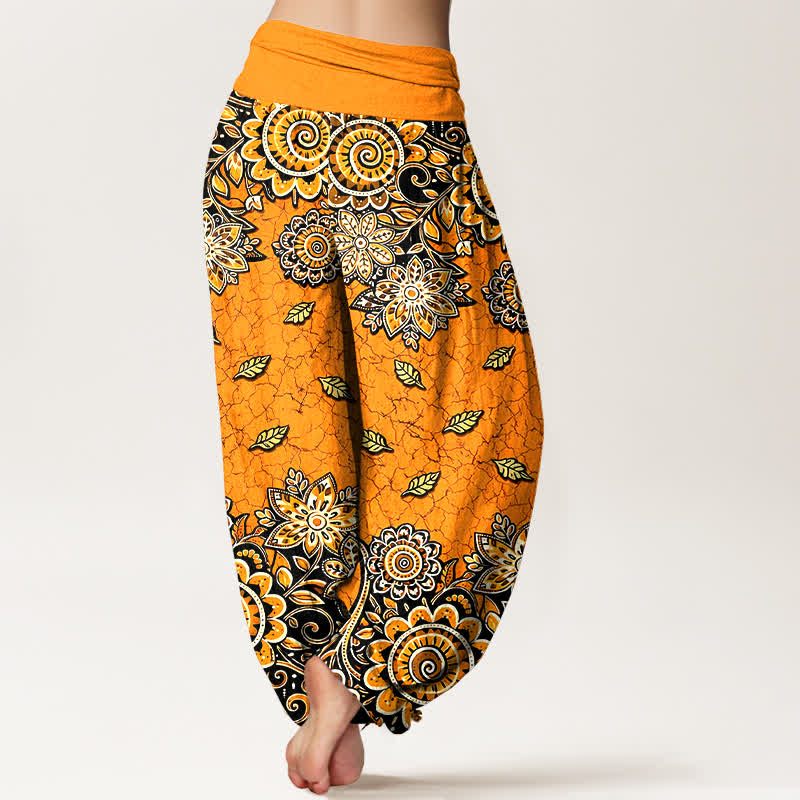 Buddha Stones Pantaloni harem da donna in puro cotone con fantasia paisley mandala arancione acceso e vita elasticizzata. - image 1