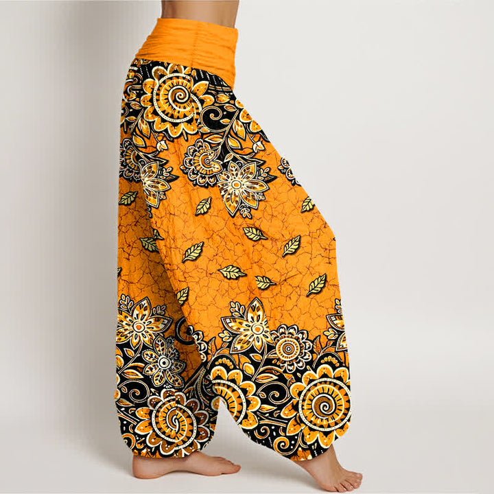 Buddha Stones Pantaloni harem da donna in puro cotone con fantasia paisley mandala arancione acceso e vita elasticizzata. - image 2