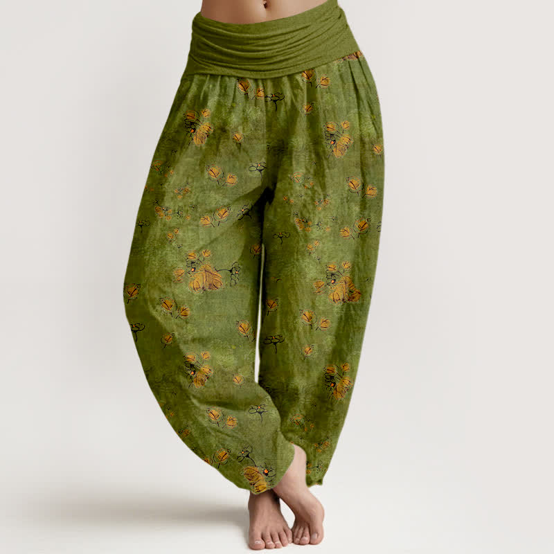 Buddha Stones Pantaloni harem da donna in puro cotone con elastico in vita e fantasia floreale a fiori di calendula. - Verde oliva - US16, UK/AU20, EU48 (3XL) - image 0
