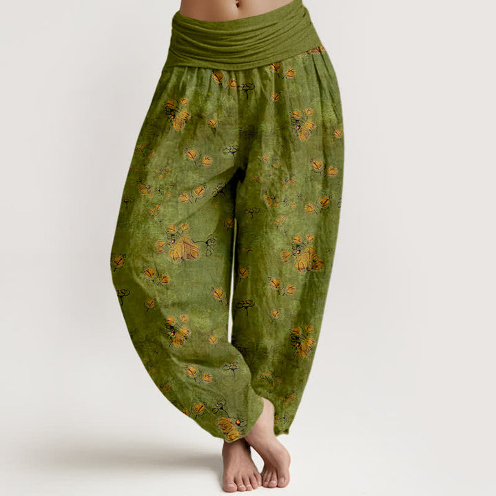 Buddha Stones Pantaloni harem da donna in puro cotone con elastico in vita e fantasia floreale a fiori di calendula. - Verde oliva - US16, UK/AU20, EU48 (3XL) - image 0