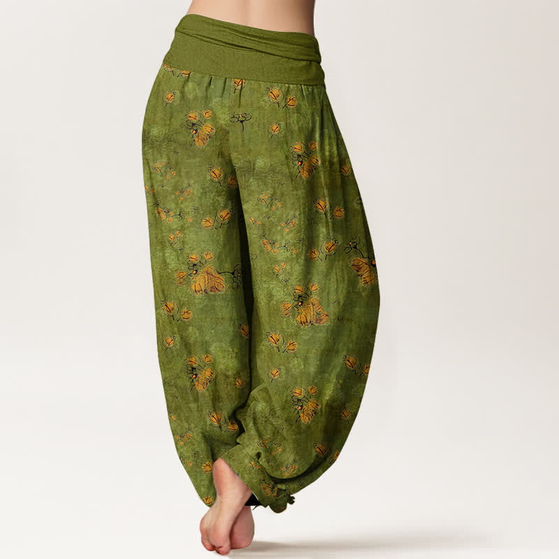 Buddha Stones Pantaloni harem da donna in puro cotone con elastico in vita e fantasia floreale a fiori di calendula. - image 1