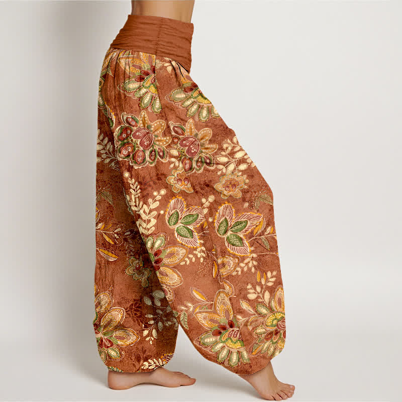 Buddha Stones Pantaloni harem da donna in puro cotone con fantasia floreale e foglie, elastico in vita. - image 2