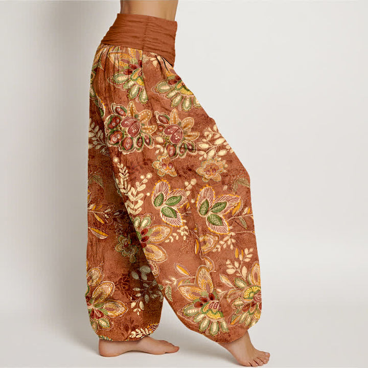 Buddha Stones Pantaloni harem da donna in puro cotone con fantasia floreale e foglie, elastico in vita. - image 2