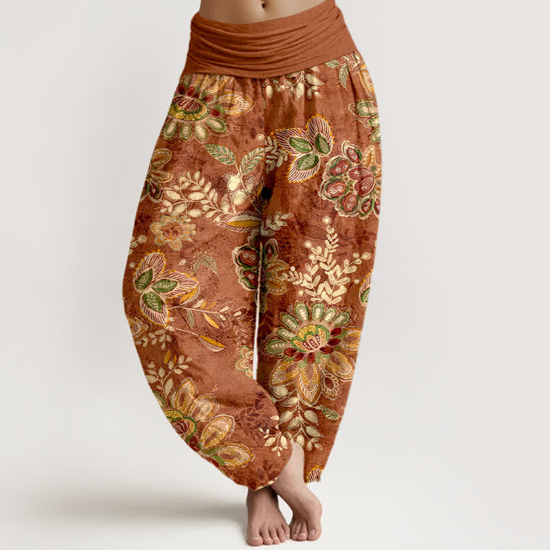 Buddha Stones Pantaloni harem da donna in puro cotone con fantasia floreale e foglie, elastico in vita. - Siena - US16, UK/AU20, EU48 (3XL) - image 0