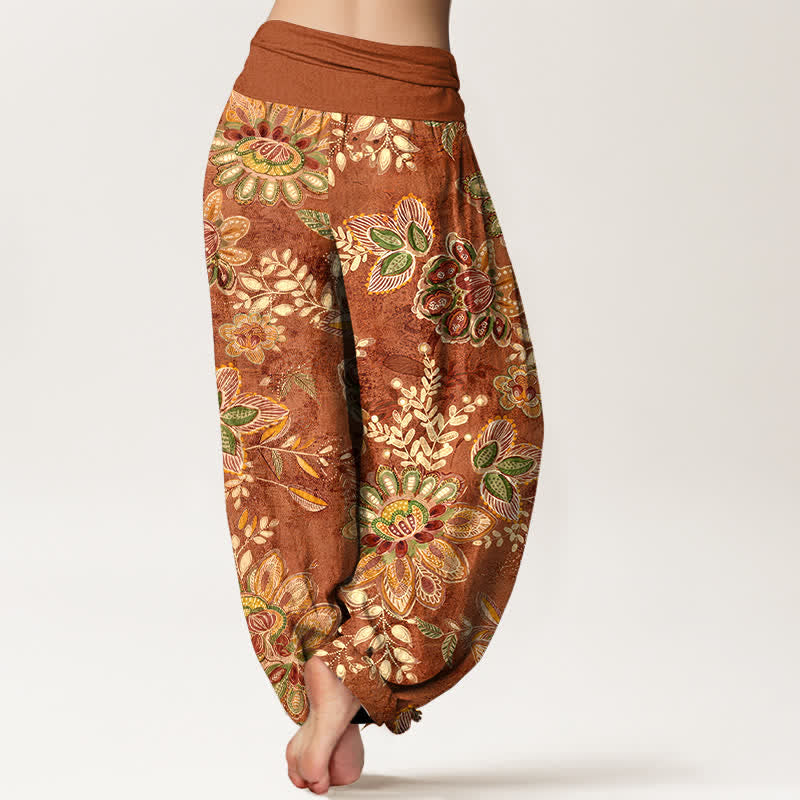 Buddha Stones Pantaloni harem da donna in puro cotone con fantasia floreale e foglie, elastico in vita. - image 1