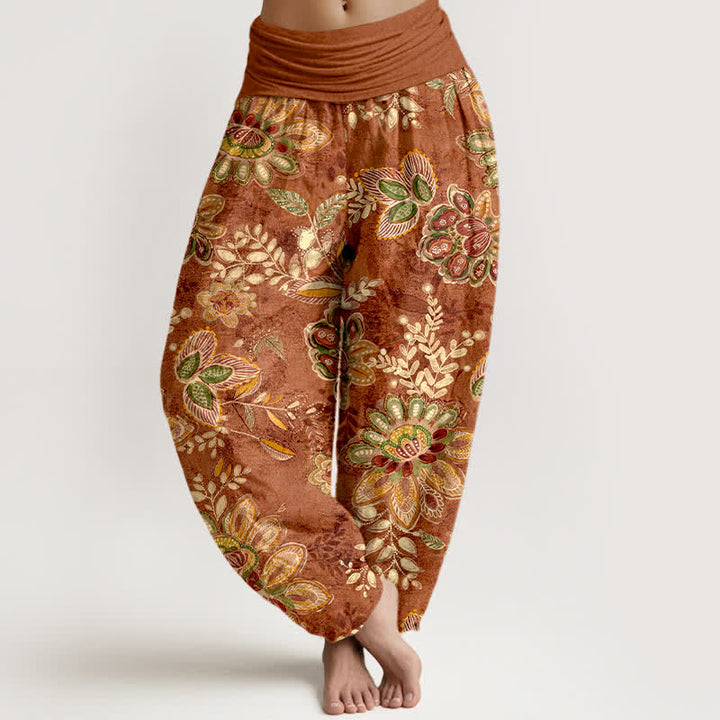 Buddha Stones Pantaloni harem da donna in puro cotone con fantasia floreale e foglie, elastico in vita. - Siena - US16, UK/AU20, EU48 (3XL) - image 0