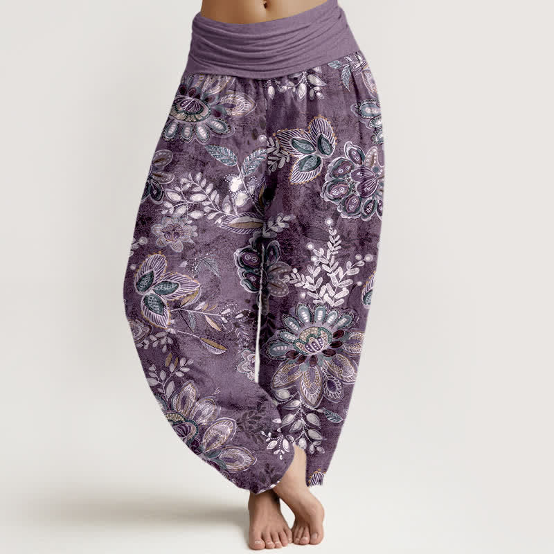 Buddha Stones Pantaloni harem da donna in puro cotone con fantasia floreale e foglie, elastico in vita. - Viola - US16, UK/AU20, EU48 (3XL) - image 5
