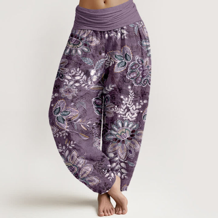 Buddha Stones Pantaloni harem da donna in puro cotone con fantasia floreale e foglie, elastico in vita. - Viola - US16, UK/AU20, EU48 (3XL) - image 5