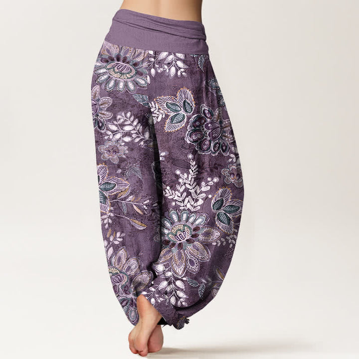 Buddha Stones Pantaloni harem da donna in puro cotone con fantasia floreale e foglie, elastico in vita. - image 6