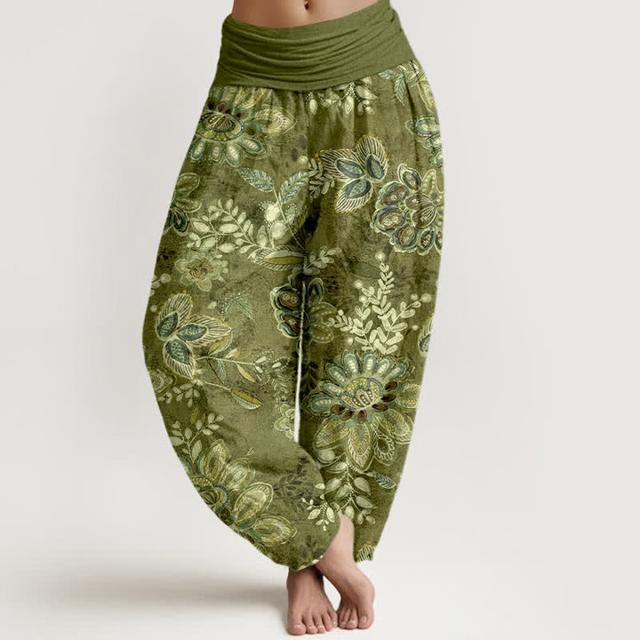 Buddha Stones Pantaloni harem da donna in puro cotone con fantasia floreale e foglie, elastico in vita. - Verde oliva - US16, UK/AU20, EU48 (3XL) - image 8